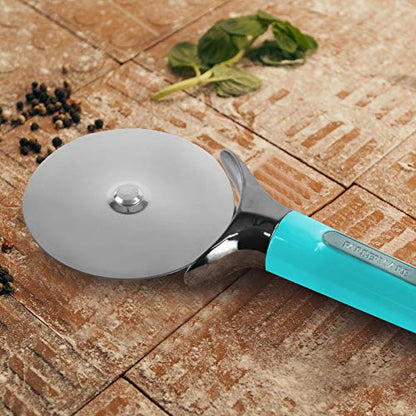 Farberware Pro Stainless Steel Pizza Cutter with Thick Blade to Cut Through Crust, Quesadillas, Brownies, ect, Elevated Wheel to Prevent Countertop Mess,Dishwasher Safe, Aqua, 9.37-Inch