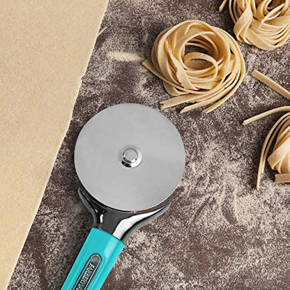 Farberware Pro Stainless Steel Pizza Cutter with Thick Blade to Cut Through Crust, Quesadillas, Brownies, ect, Elevated Wheel to Prevent Countertop Mess,Dishwasher Safe, Aqua, 9.37-Inch