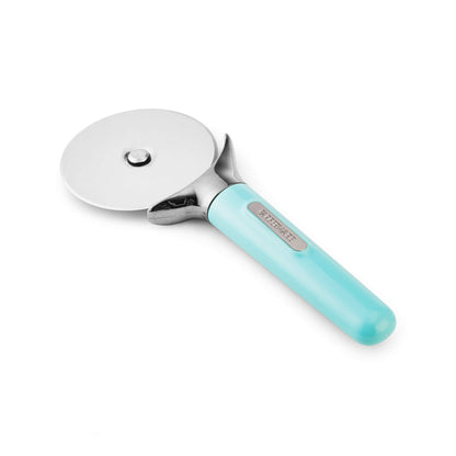 Farberware Pro Stainless Steel Pizza Cutter with Thick Blade to Cut Through Crust, Quesadillas, Brownies, ect, Elevated Wheel to Prevent Countertop Mess,Dishwasher Safe, Aqua, 9.37-Inch