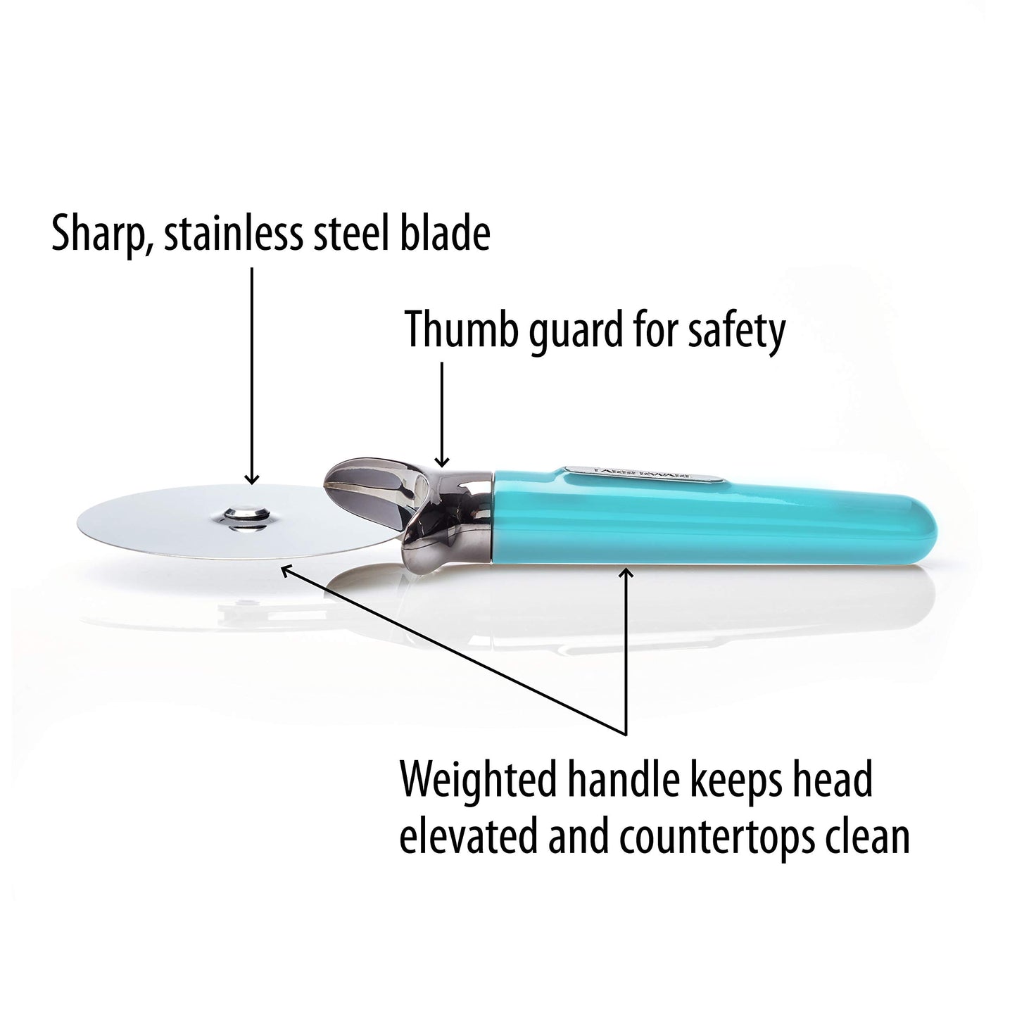 Farberware Pro Stainless Steel Pizza Cutter with Thick Blade to Cut Through Crust, Quesadillas, Brownies, ect, Elevated Wheel to Prevent Countertop Mess,Dishwasher Safe, Aqua, 9.37-Inch