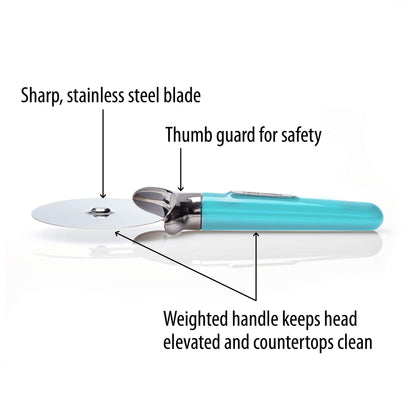 Farberware Pro Stainless Steel Pizza Cutter with Thick Blade to Cut Through Crust, Quesadillas, Brownies, ect, Elevated Wheel to Prevent Countertop Mess,Dishwasher Safe, Aqua, 9.37-Inch