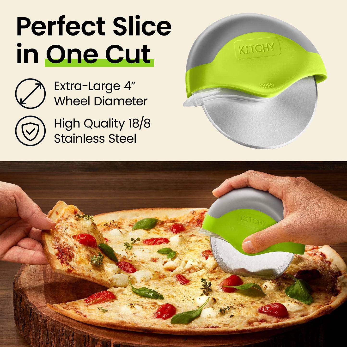 Kitchy Pizza Cutter Wheel with Protective Blade Cover, Ergonomic Pizza Slicer (Green)