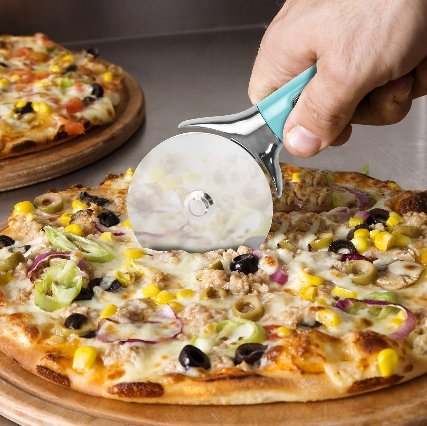 Farberware Pro Stainless Steel Pizza Cutter with Thick Blade to Cut Through Crust, Quesadillas, Brownies, ect, Elevated Wheel to Prevent Countertop Mess,Dishwasher Safe, Aqua, 9.37-Inch